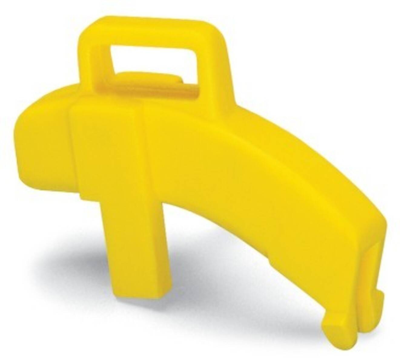 Ein gelber Kunststoffhalter in Form einer Banane mit einem Griff oben.