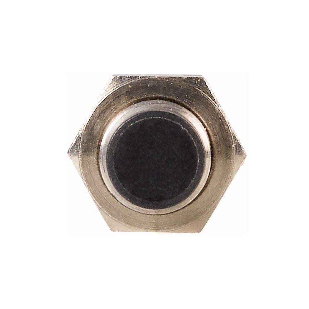 Ein metallischer, sechseckiger Schraubenkopf mit einem zentralen schwarzen Kreis.
