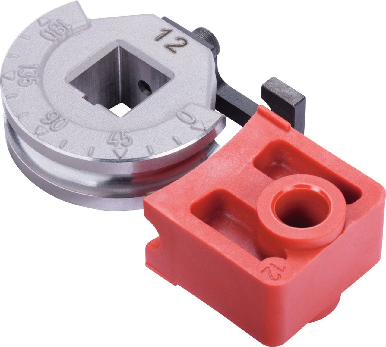 Ein Präzisionswerkzeug mit einem metallenen rotierenden Messrad, das mit ‚12' markiert ist, und einer roten Kunststoffkomponente, das für präzise Ausrichtungs- oder Kalibrierungsaufgaben verwendet wird.