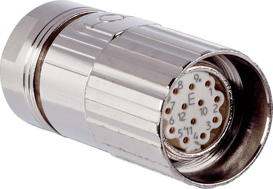 Ein metallischer zylindrischer elektrischer oder elektronischer Anschluss mit einer nummerierten Pinbelegung an einem Ende, der typischerweise für Audio- oder Videokabel verwendet wird.