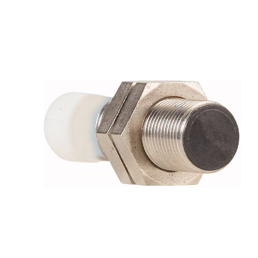 Ein zylindrischer Metallsensor mit Gewindekopf und schwarzem Ende, möglicherweise zur Näherungserkennung verwendet.