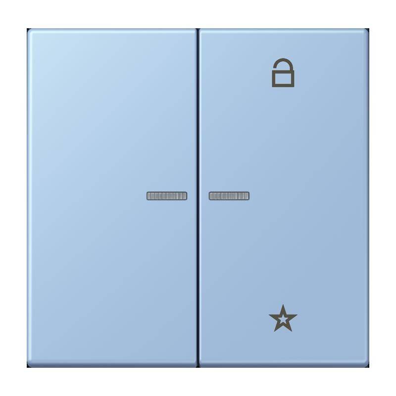 Ein hellblau-farbenes Doppelschaltertafel mit Schloss- und Sternsymbolen über jedem Schalter. Das Schloss symbolisiert Sicherheit, der Stern zeigt Priorität an.