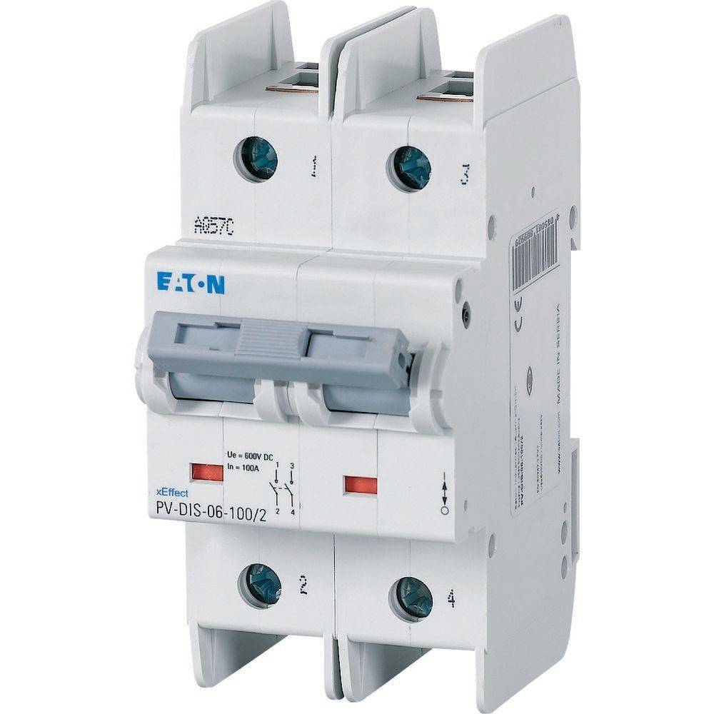 Eaton Doppel-Pol-DC-Trennschalter mit grauem Griff, Modell PV-DIS-06-100/2, für Anwendungen in Photovoltaiksystemen.