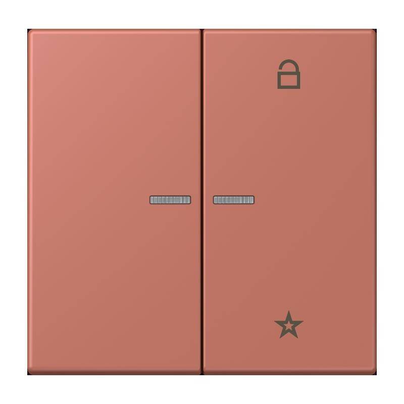 Zwei rosa rechteckige Schalter, der rechte mit einem Schloss-Symbol und der linke mit einem Stern-Symbol, die unterschiedliche Funktionen anzeigen.