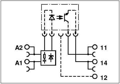 Solid-State-Relais-Diagramm mit Eingangs- und Ausgangsklemmen, einschließlich interner Schaltung mit Dioden- und Transistorkomponenten.