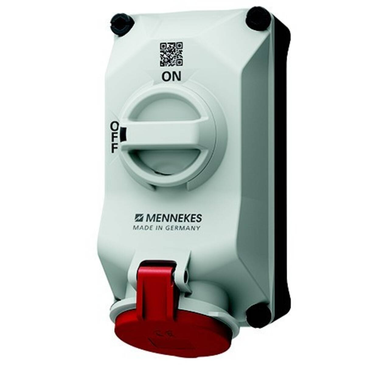 Industrieller Schaltkasten mit Drehschalter EIN/AUS und roter Schutzkappe für Stecker, Marke MENNEKES Made in Germany.