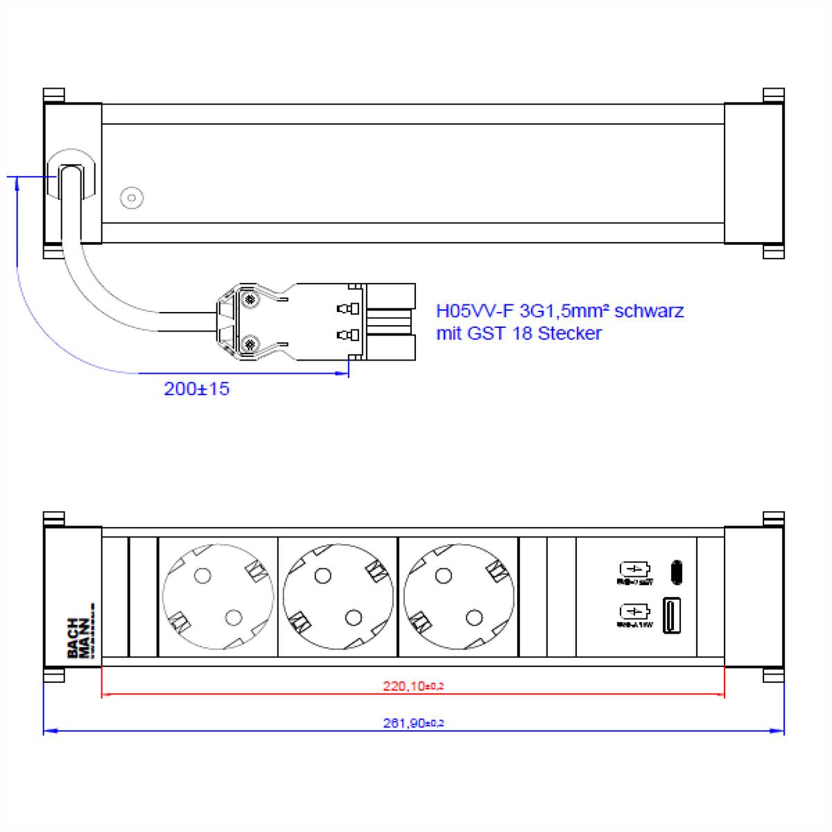 BACHMANN POWER FRAME M 3xCEE7/3, USB A&C 22W Charger 0,2m GST18