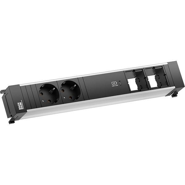 Eine Steckdosenleiste mit zwei europäischen Steckdosen, einem USB-Ladeanschluss und zwei Netzwerkanschlüssen, geeignet für Büro oder Heimgebrauch.