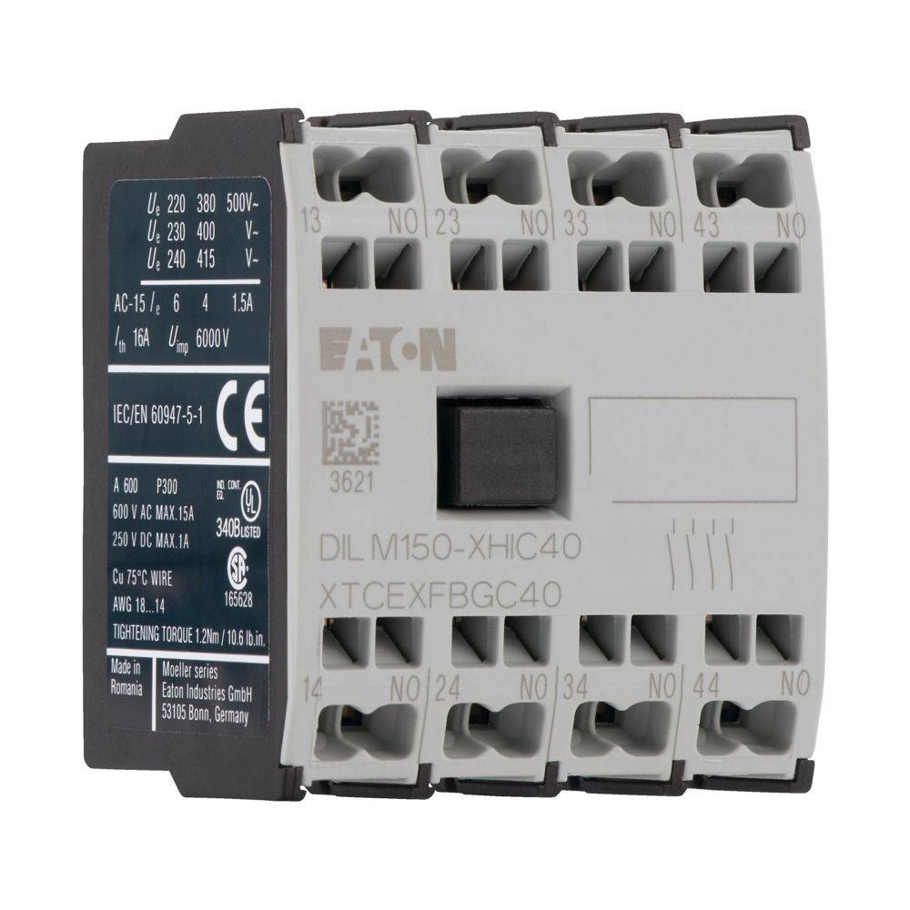 Ein elektrischer Schütz mit mehreren beschrifteten Anschlussklemmen für Stromverbindungen. Marke: Eaton, Modell: DIL M150-XHI C40.