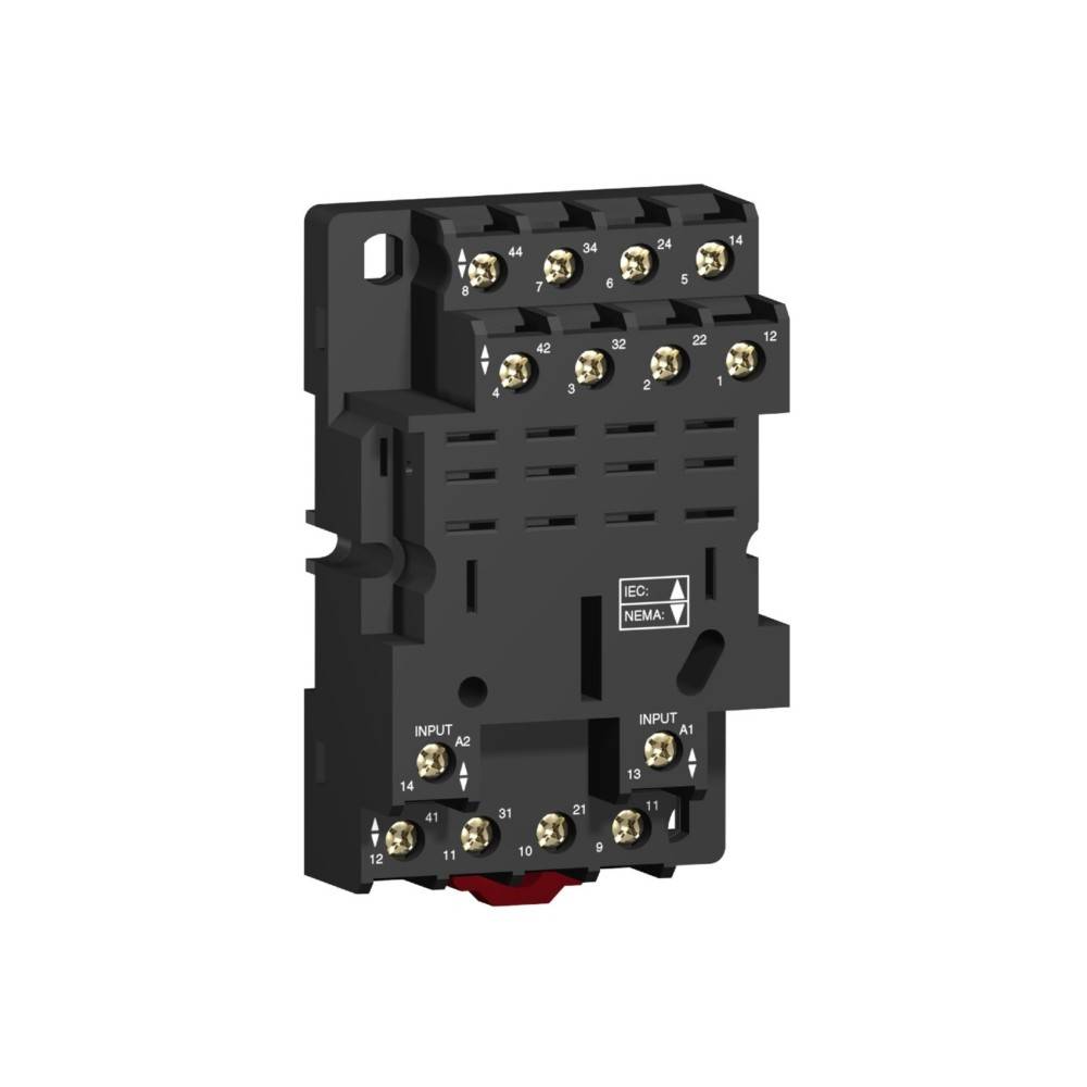 Eine elektrische Komponente mit mehreren Schraubklemmen, beschriftet mit ‚IEC NEMA'. Pfeile zeigen ‚Input A1' und ‚Input A2' an.