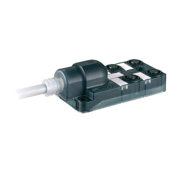 Ein kompakter, rechteckiger, grauer modularer Stecker mit mehreren runden Anschlüssen und einem weißen Kabel, der für elektrische Verbindungen verwendet wird.