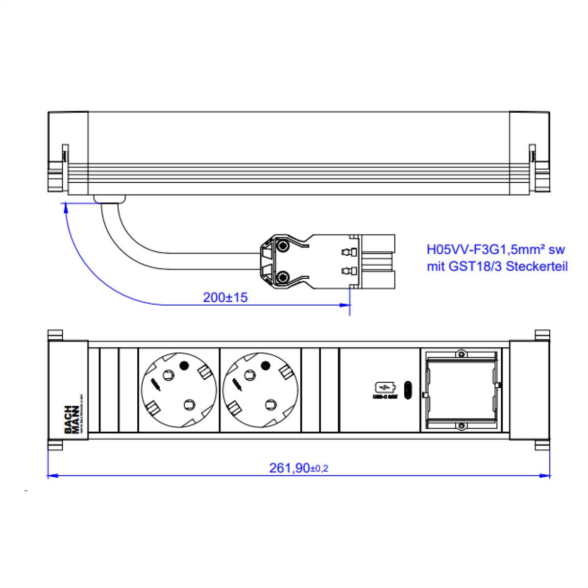 BACHMANN - Power Frame M 2xCEE7/3 1xUSB C 30W 1xCM 0.2m