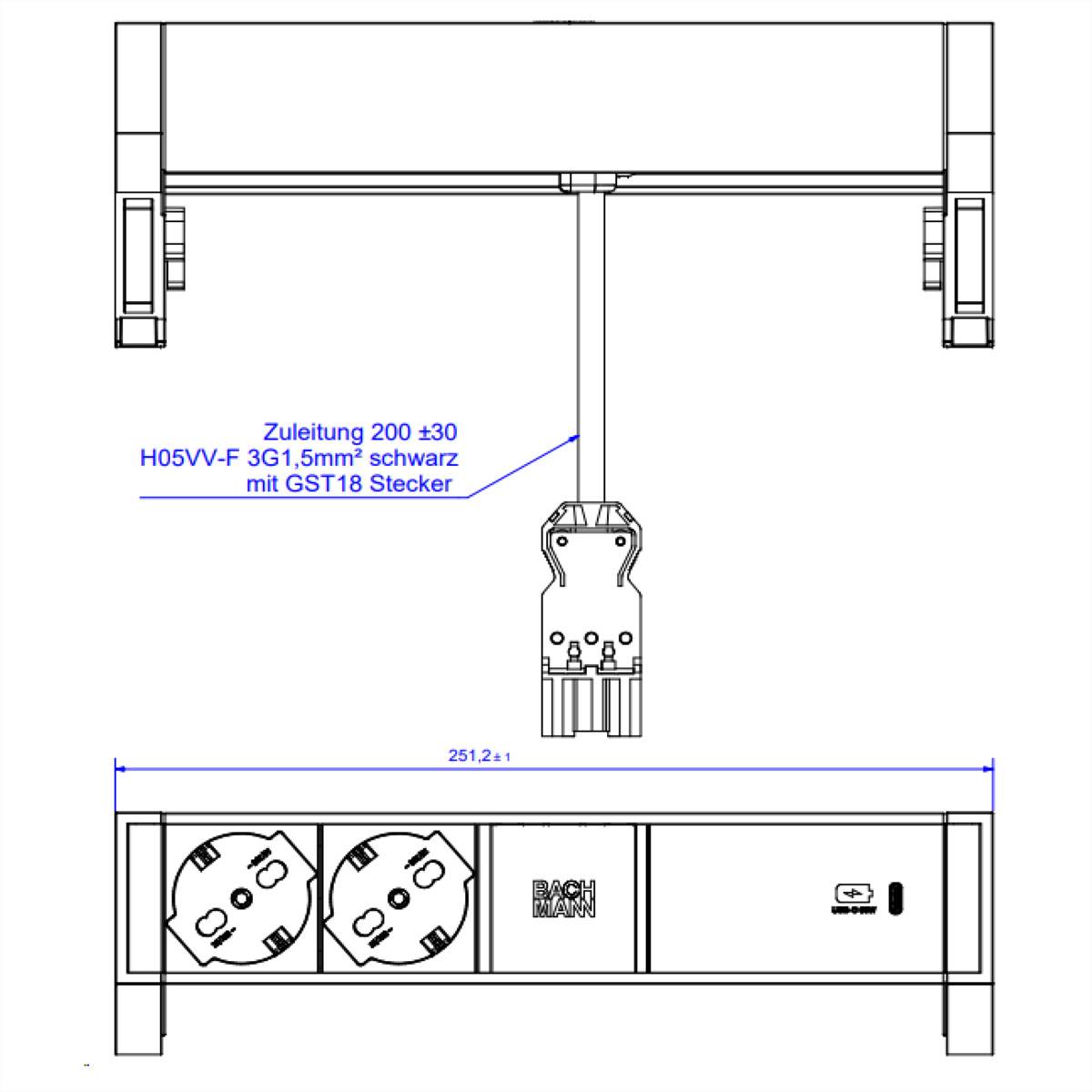 BACHMANN - DESK2 ALU BLACK 2xP40 1xUSBC 60W 0,2m GST18 Italia - BACHMANN DESK2 ALU BLACK 2xP40