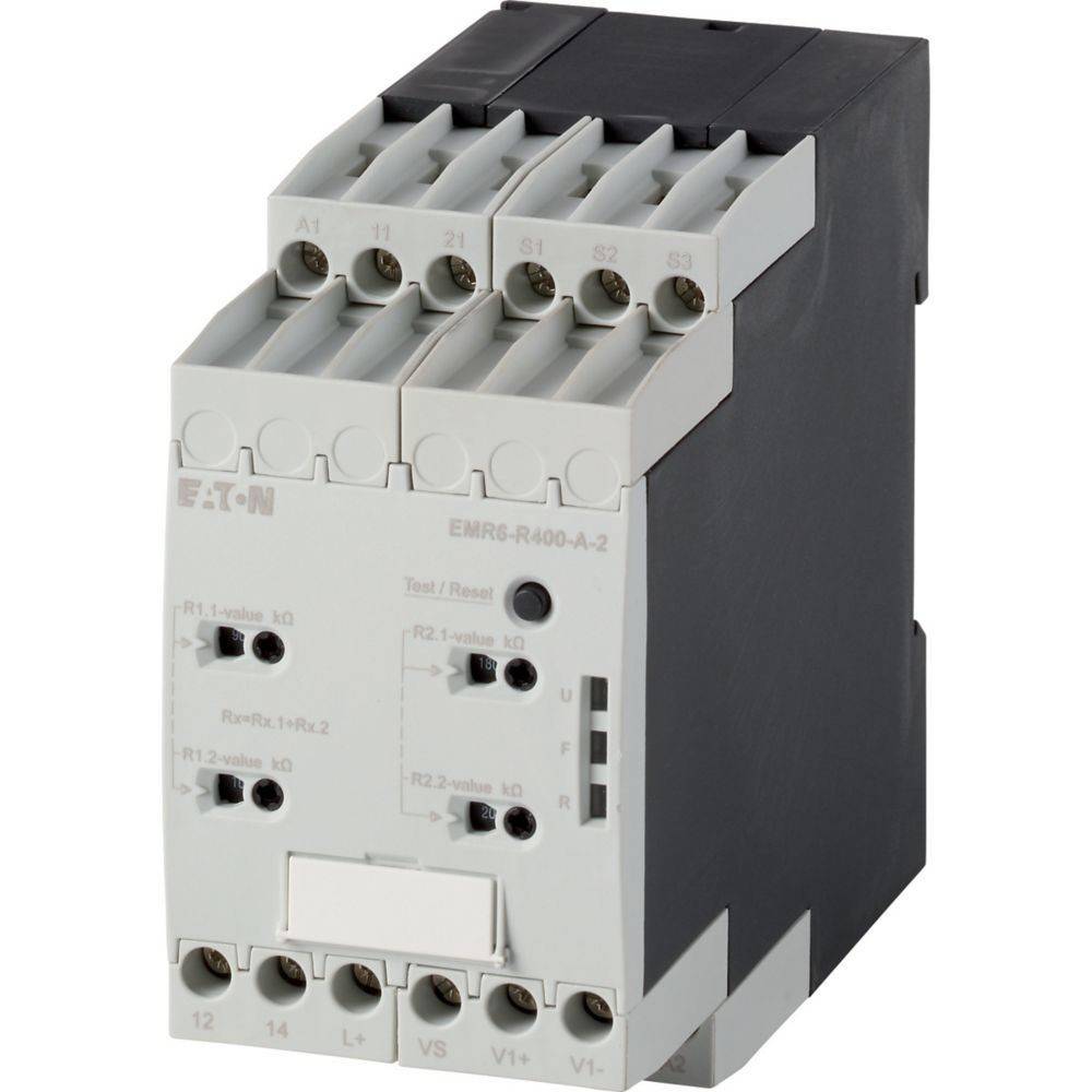 Eaton EMR6-R400-A-2 Gerät mit mehreren Anschlüssen, Indikatorleuchten und beschrifteten Test-/Rückstelltasten zur Überwachung von Funktionen.