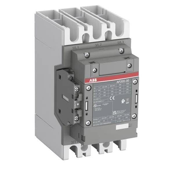 Ein grauer ABB-Schütz mit beschrifteten Anschlüssen und einem roten Streifen, konstruiert für industrielle elektrische Schaltkreise, mit technischen Spezifikationen.