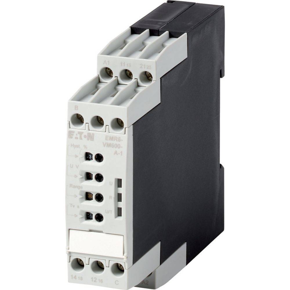 Eaton EMR6 Spannungsüberwachungsrelais mit verschiedenen Anschlussklemmen, verwendet zur Erkennung von Spannungspegeln in elektrischen Systemen.