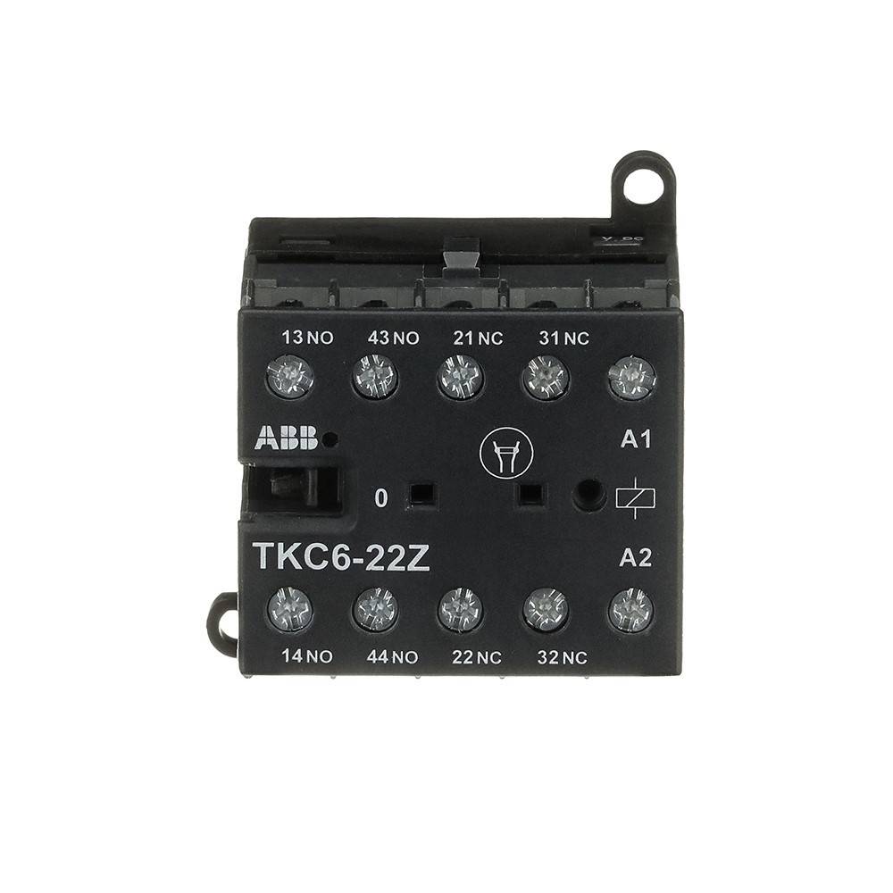 ABB TKC6-22Z Relaismodul mit verschiedenen nummerierten Anschlusspunkten, einschließlich 13NO, 14NO, 43NO, 44NO, 21NC, 22NC, 31NC, 32NC und Anschlüssen A1, A2.