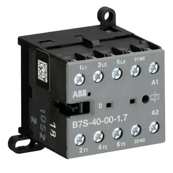 Elektrischer Schütz mit ABB-Logo, Modell B7S-40-00-1.7, mit 1L1, 3L2, 5L3, 21NC, A1 und A2 Anschlusskennzeichnungen auf der Frontplatte.