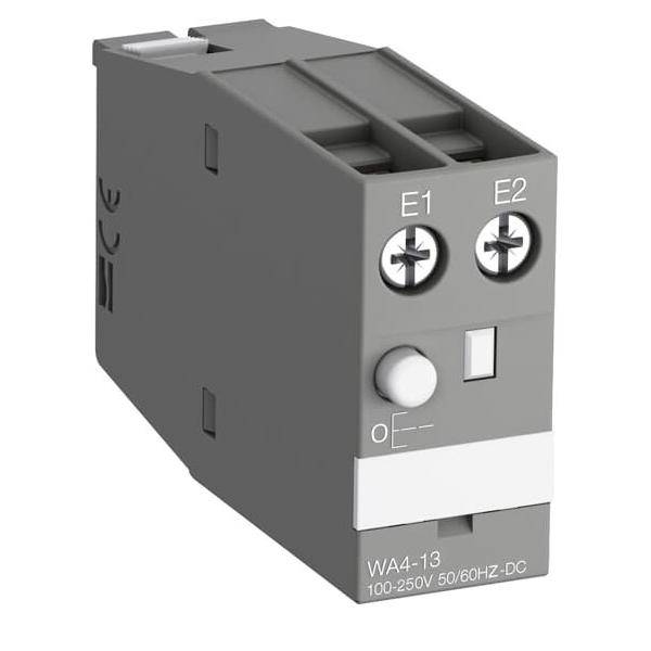 Ein industrielles elektrisches Relais mit Anschlüssen, die als E1 und E2 gekennzeichnet sind, ausgelegt für 100-250V, 50/60Hz, Gleichstrom, Modell WA4-13.