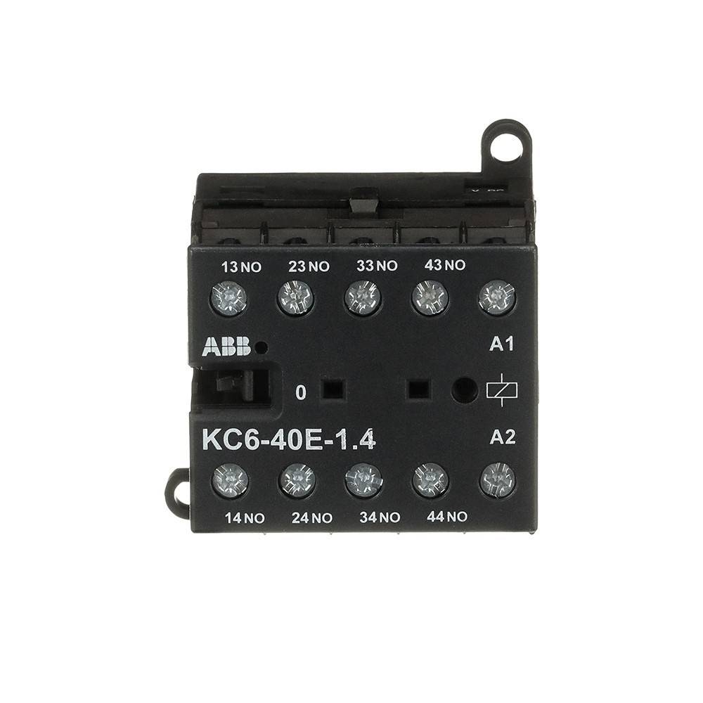 Elektrischer Schütz mit der Bezeichnung 'ABB KC6-40E-1.4' mit mehreren Anschlüssen für 13 NO, 23 NO, 33 NO, A1, A2, 14 NO, 24 NO, 34 NO, 44 NO.