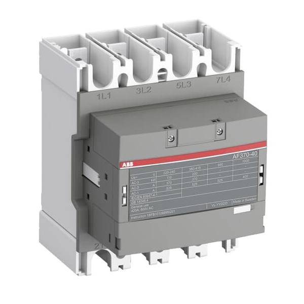 ABB AF370-40' Schütz, grau und weiß, mit Anzeige der oberen Kabelanschlüsse und Frontplatte mit Spezifikationsdetails.