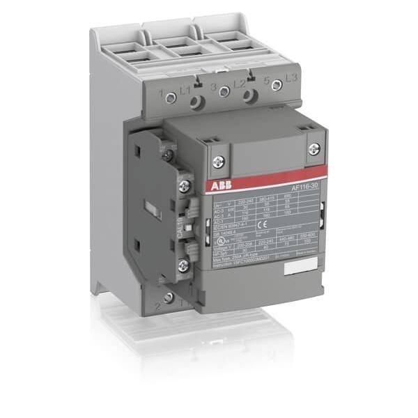 Ein grauer Schütz mit einem roten Logo und einer Spezifikationsetikette, der drei Anschlüsse an der Oberseite für den Anschluss elektrischer Komponenten aufweist.