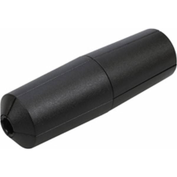 Ein schwarzer, zylindrischer Gummistopfen mit Rippen, wahrscheinlich zum Verschließen oder Schutz des Endes eines Rohrs oder einer Stange verwendet.