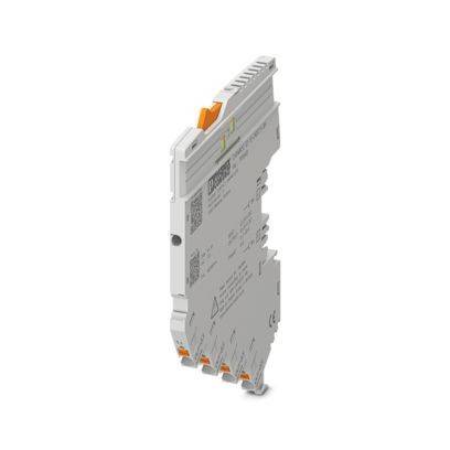 Ein schlankes, graues elektronisches Modul mit orangefarbenen Akzenten, das für die Industrieautomation verwendet wird, mit sichtbarem Markentext und Sicherheitsinformationen.