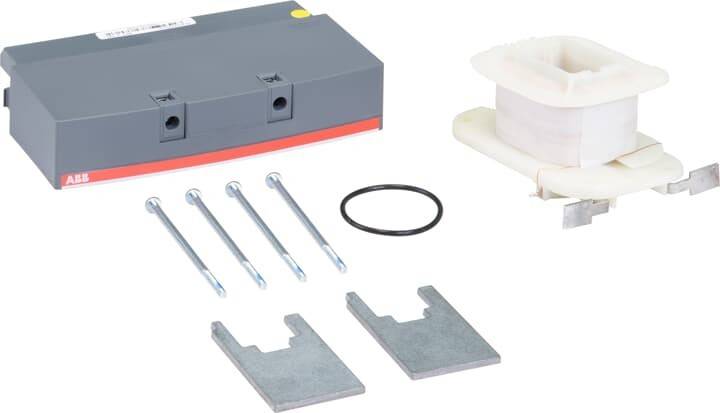 Ein Satz von Hardwarekomponenten, bestehend aus einer grauen rechteckigen Box, vier Metallstangen, einem schwarzen Gummiring und zwei Metallhalterungen auf einem weißen Hintergrund.