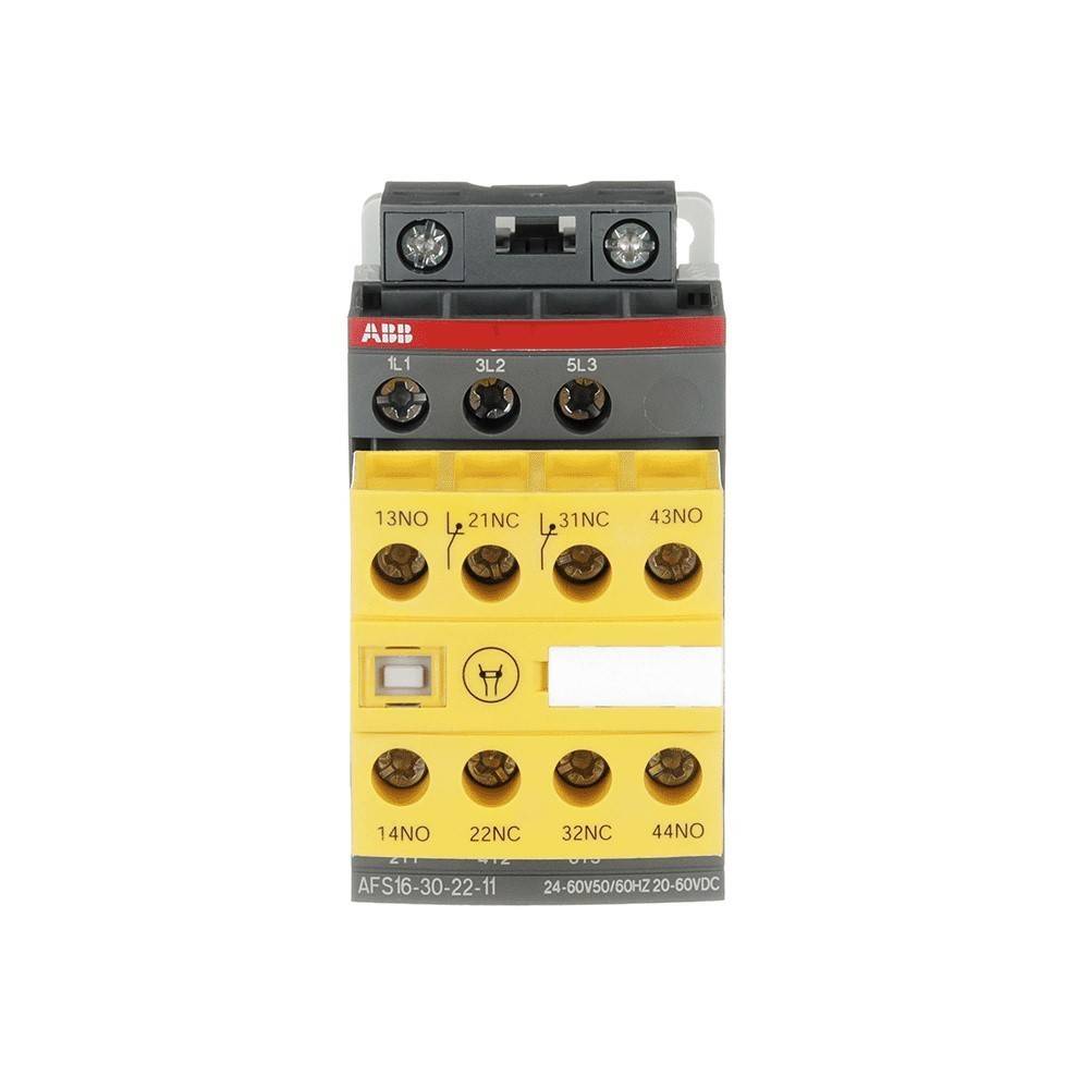 Elektrischer Anschluss mit mehreren beschrifteten Anschlüssen: 13NO, 21NC, 31NC, 43NO, 14NO, 22NC, 32NO, 44NO. Verwendet für die Verkabelung elektrischer Schaltkreise.