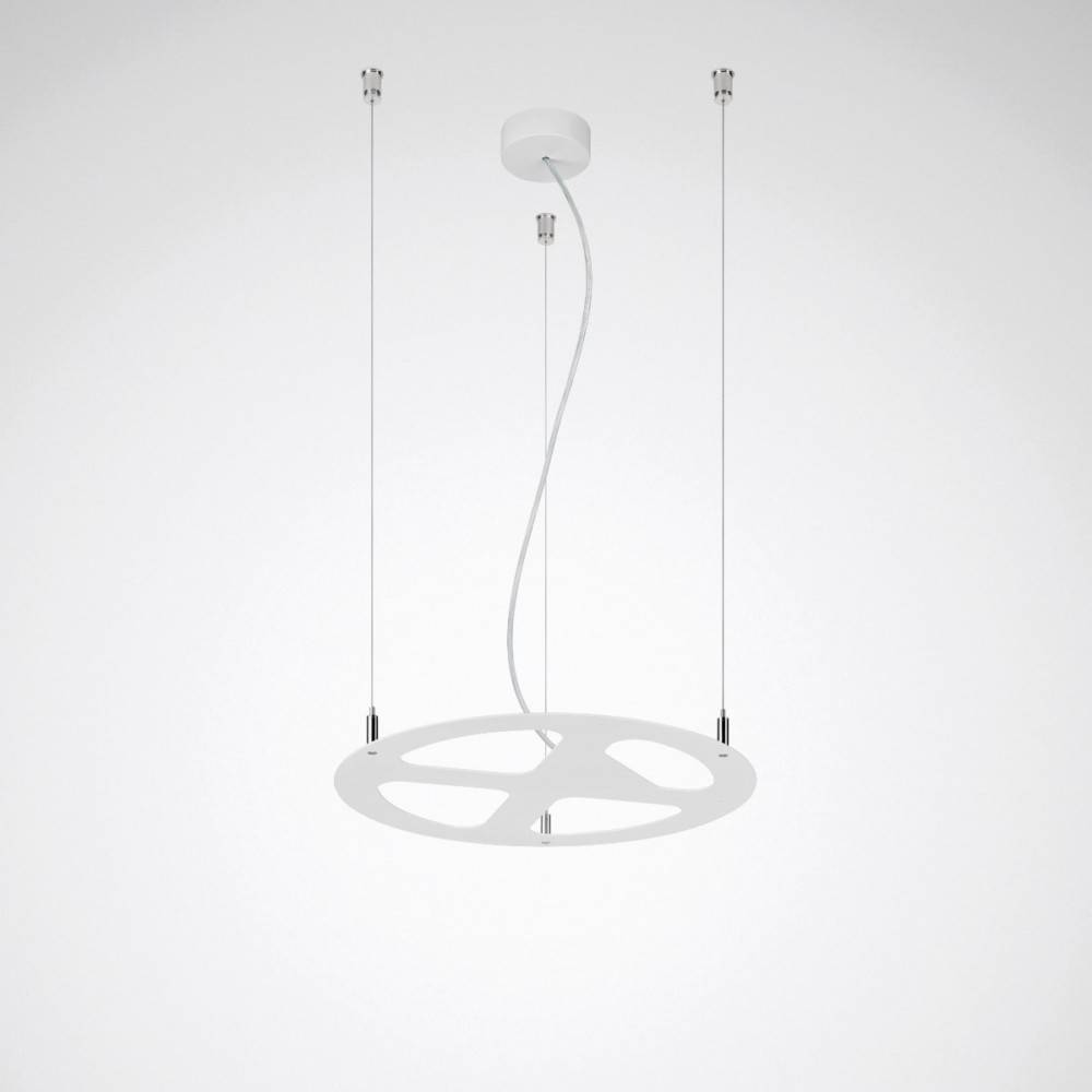 Eine moderne kreisförmige Pendelleuchte mit drei Aufhängungskabeln, die ein minimalistisches weißes Design und elegante Metallakzente aufweist.