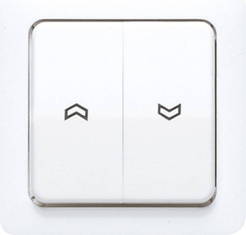 Ein weißes Schalttafel mit zwei Tasten, die jeweils ein Pfeilsymbol zeigen. Der linke Pfeil zeigt nach oben, der rechte Pfeil zeigt nach unten.
