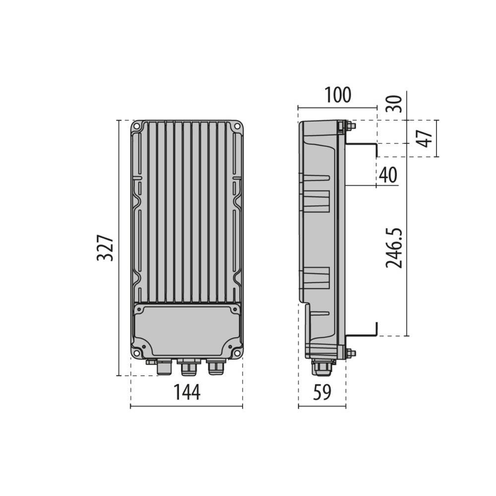 Technische Zeichnung eines rechteckigen Geräts mit Abmessungen: Frontansicht 327x144 mm, Seitenansicht 100 mm tief. Ausgestattet mit gerippter Textur.