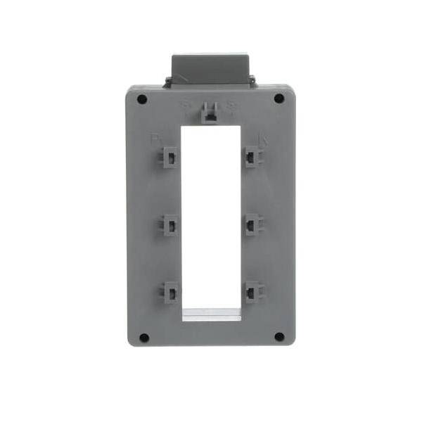 Eine graue elektrische Steckdosenabdeckung mit einer rechteckigen Aussparung, für Einzeleinbau konzipiert, von vorne gezeigt.