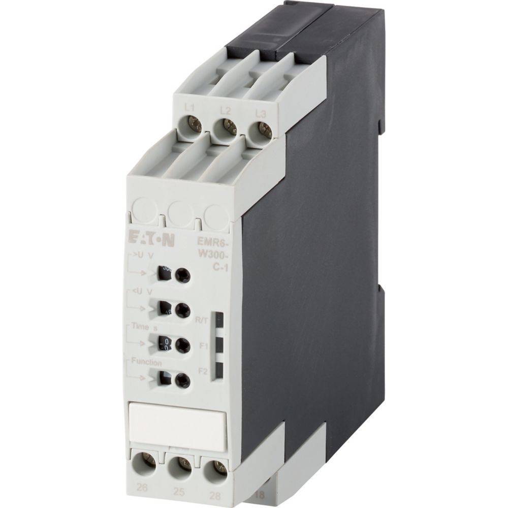 Ein grau-schwarzes elektrisches Relaismodul mit mehreren Anschlüssen und dem Markennamen 'Eaton' auf dem Frontpanel.
