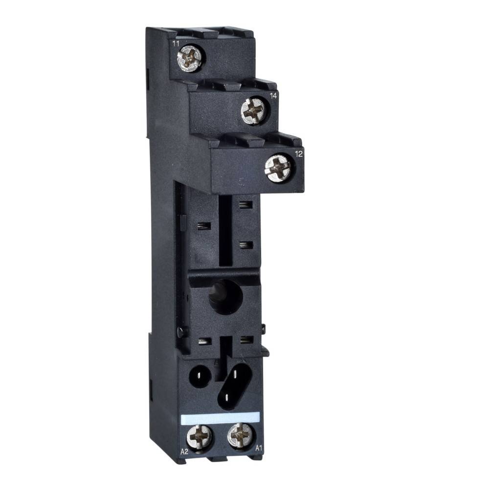 Eine schwarze elektrische Relaishalterung mit beschrifteten Anschlüssen zum Verbinden von Drähten, ausgestattet mit nummerierten Schraubklemmen an Ober- und Unterseite.