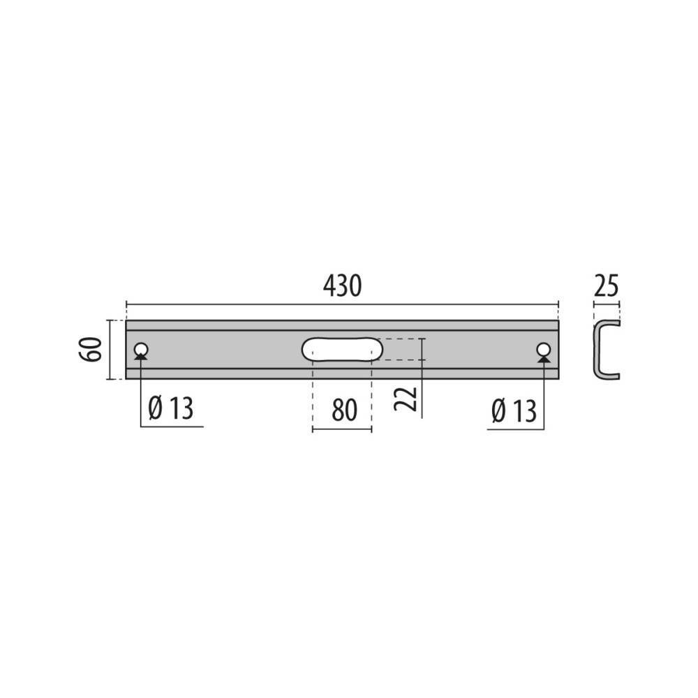 Technische Zeichnung eines Metallhalters: 430 mm Länge, 60 mm Breite, mit zwei Ø13 mm Löchern und einem 80 mm x 22 mm Schlitz.