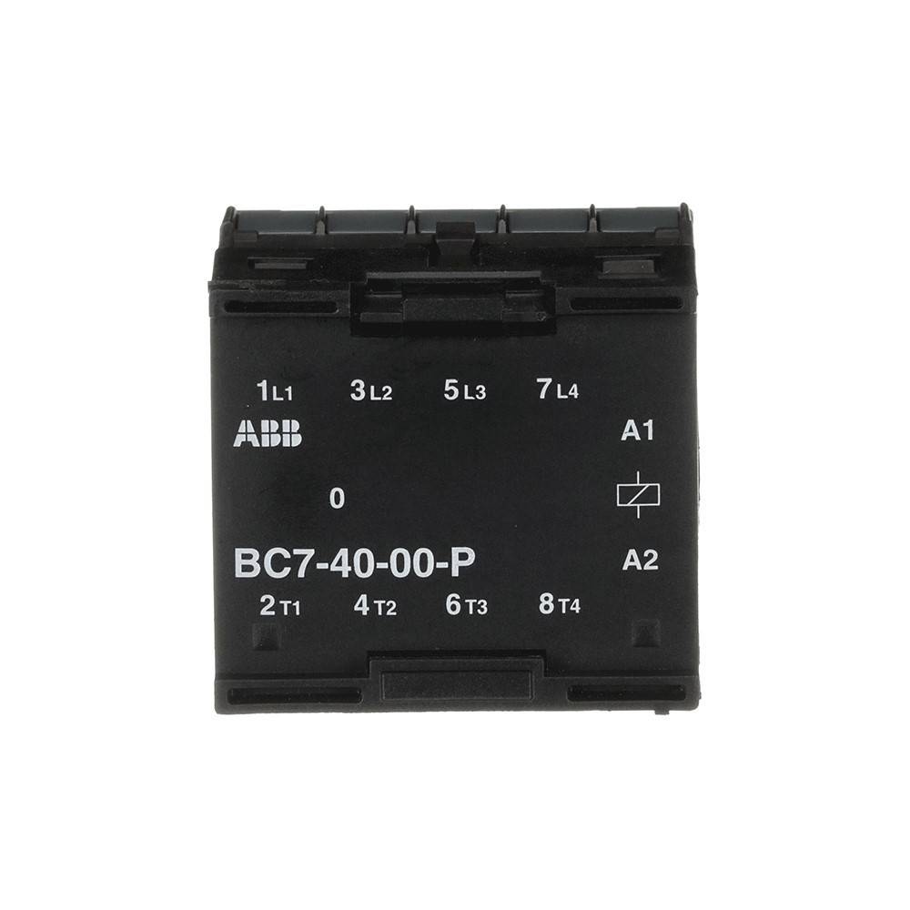 ABB BC7-40-00-P' Schütz, Frontansicht. Schwarze Tafel mit beschrifteten Anschlüssen, einschließlich 'L1', 'L2', 'L3', 'A1' und 'A2'.