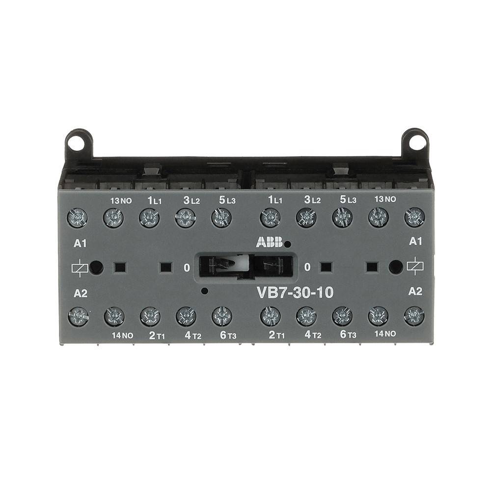 ABB VB7-30-10' elektrische Komponente mit Anzeige der Klemmenbezeichnungen und Anschlusspunkte für A1, A2, L1, L2, L3, 13NO und 14NO.