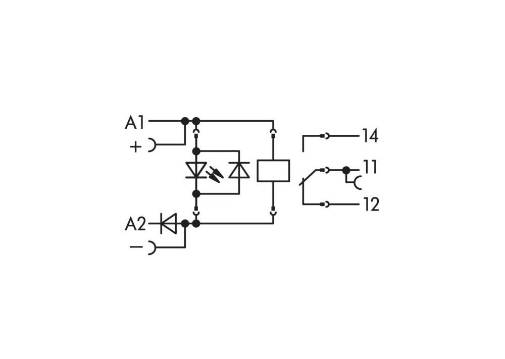 Elektrischer Schaltplan, der die Verbindungen an den Punkten A1 und A2 zeigt, mit Dioden, einem Kästchen, das eine Komponente darstellt, und den Anschlüssen 11, 12, 14.