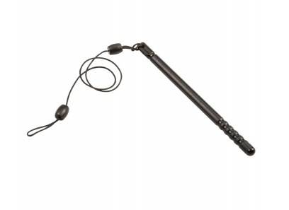 Schwarzer Taktischer Schlagstock mit Handgelenkschlaufe und Lanyard-Schlaufe auf weißem Hintergrund.