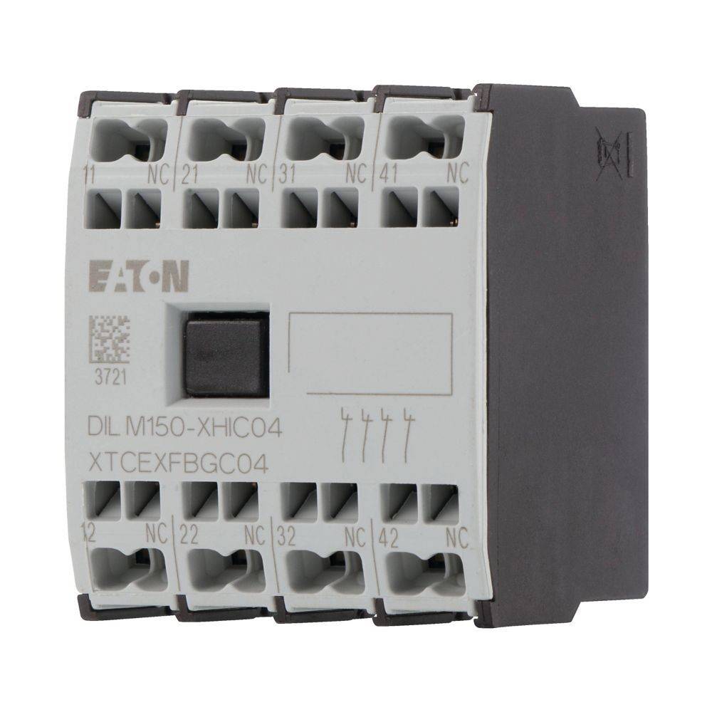 Elektrischer Schütz mit mehreren Anschlusspunkten, auf der Vorderseite mit 'EATON' beschriftet, Modell 'DIL M150-XHIC04'.
