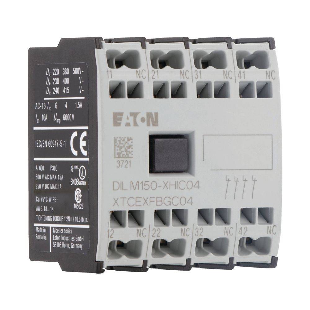 Eaton Schützmodul mit beschrifteten Anschlüssen und Spezifikationen für AC-, DC- und Kontaktbewertungen. Enthält Modell DIL M150-XHIC04.