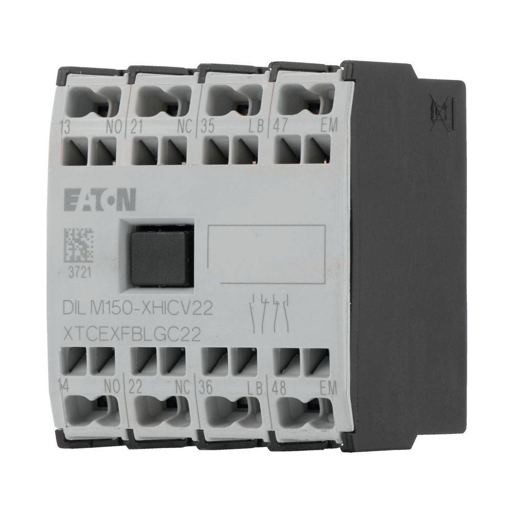 Ein elektrischer Schütz, beschriftet mit 'EATON DIL M150-XHI CV22 XTCEXFBLGC22', mit sichtbaren Anschlusspunkten und Teilenummern auf der Vorderseite.