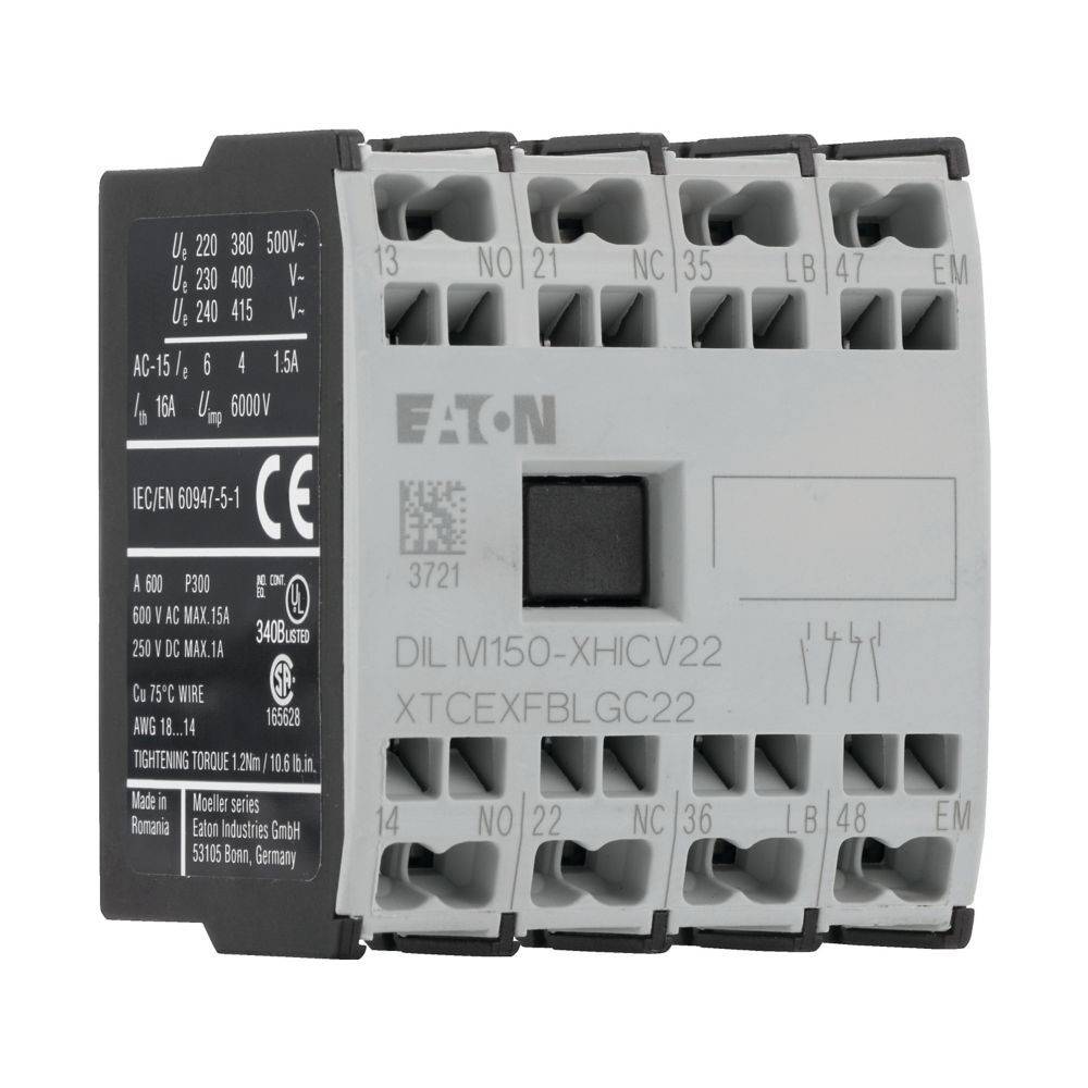 Eaton DIL M150-XHICV22' Schütz, mit beschrifteten Eingängen und Ausgängen, mit verschiedenen Spannungs- und Stromspezifikationen, die auf seiner Oberfläche sichtbar sind.