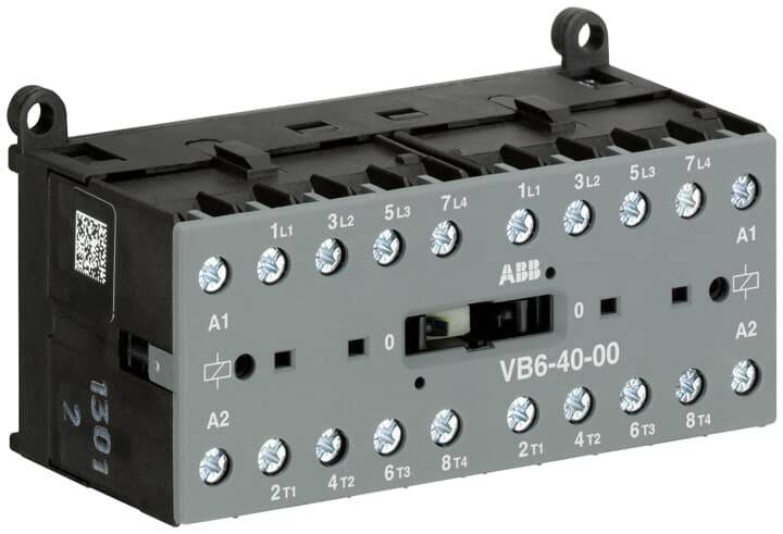 ABB VB6-40-00 Elektrischer Schütz mit beschrifteten Anschlusspositionen für Verdrahtungskonfigurationen, verwendet in Steuerkreisen.