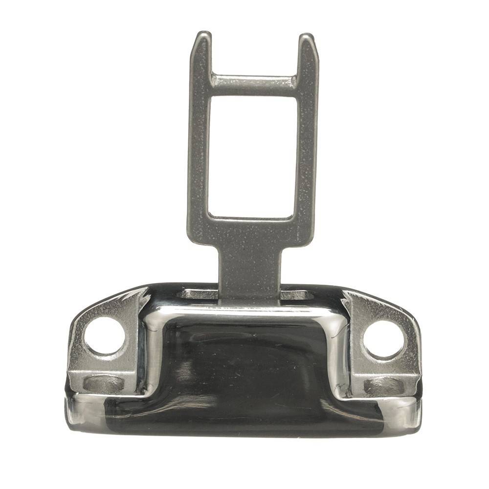 Ein silberner Flaschenöffner aus Metall mit einem rechteckigen Griff und zwei kreisrunden Löchern zur Wandmontage, der für eine einfache Handhabung von Kronkorken konzipiert ist.