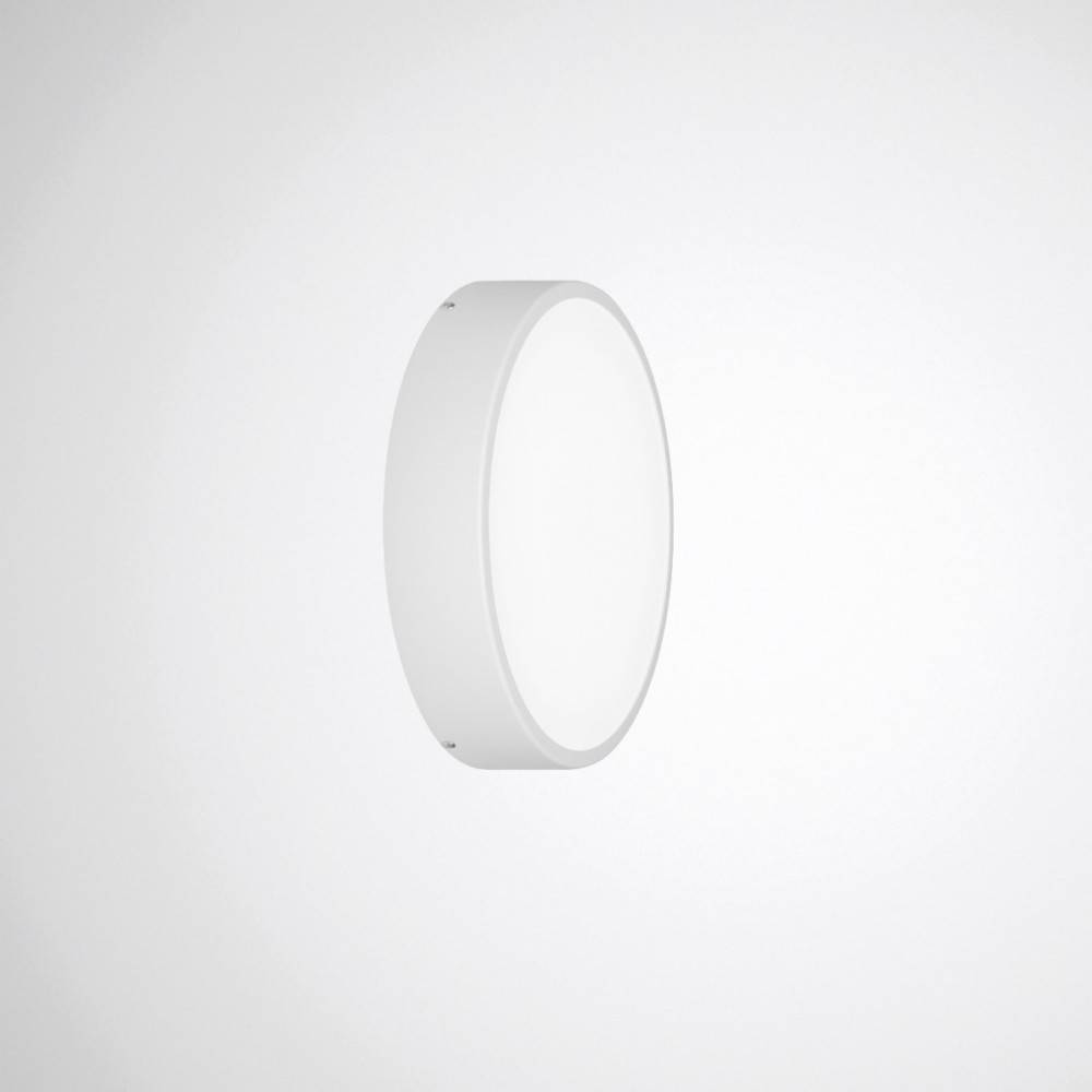 Eine runde, weiße, wandmontierte moderne LED-Leuchte mit minimalistischem Design, die weiches Licht vor einem schlichten grauen Hintergrund abstrahlt.