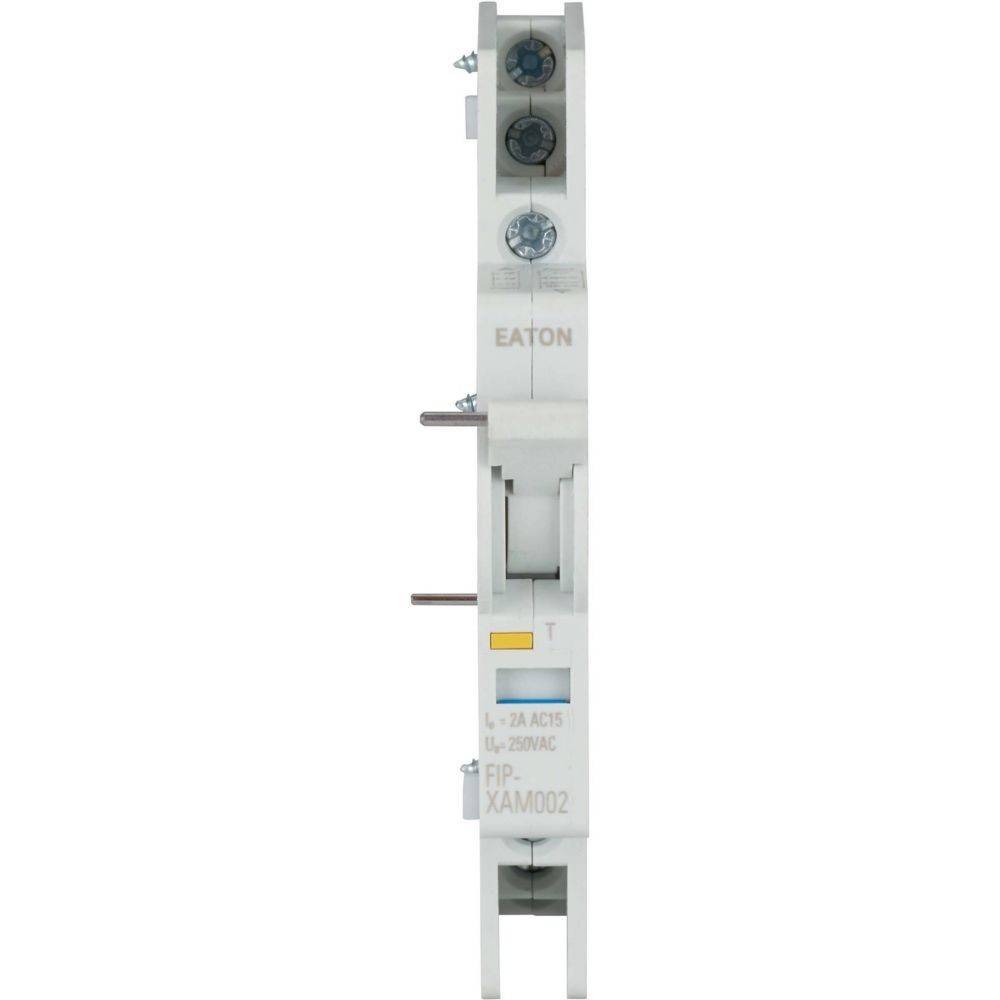 Schmale Seitenansicht einer weißen elektronischen Eaton-Gerätekomponente mit sichtbaren Anschlüssen und Etikettendetails.