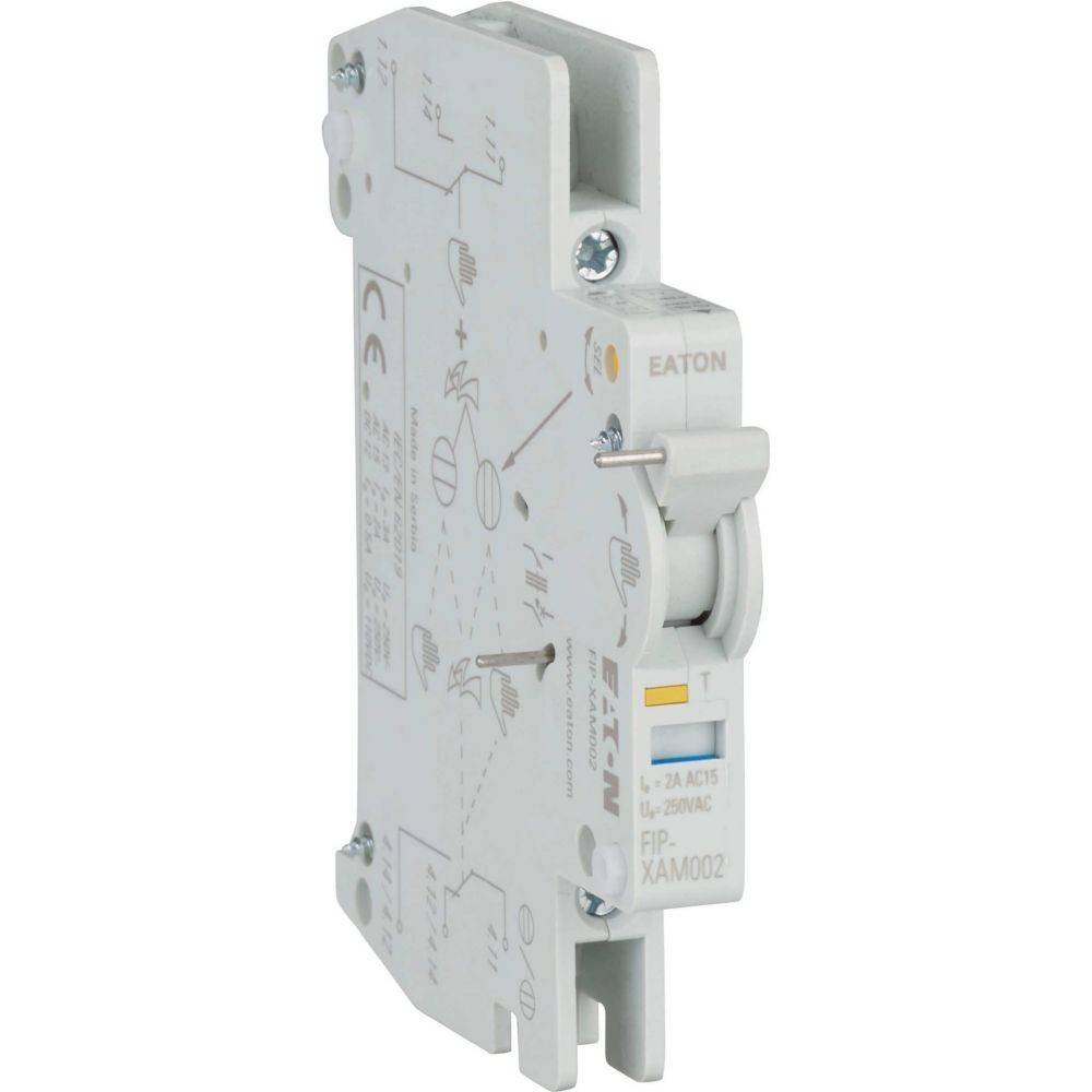 Eaton 24V AC 5 FIP XAM002 Hilfsschalterblock mit Seitenansicht, die Anschlussdiagramm und Spezifikationen zeigt.